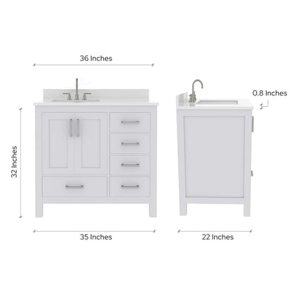 Ayna Decors Rooh 36 in. Left White Bathroom Vanity with Sink, Three Faucet Holes Quartz Top, 2 Soft Closing Doors, and 4 Full Extension Drawers, Brushed Nickel Hardware