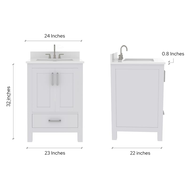Ayna Decors Rooh 24" Solid Wood Bathroom Vanity with Sink – White, 3 Pre-Drilled Faucet Holes, 2 Soft-Close Doors, 1 Full-Extension Drawer, Brushed Nickel Handles