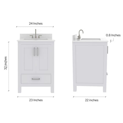 Ayna Decors Rooh 24" Solid Wood Bathroom Vanity with Sink – White, 3 Pre-Drilled Faucet Holes, 2 Soft-Close Doors, 1 Full-Extension Drawer, Brushed Nickel Handles