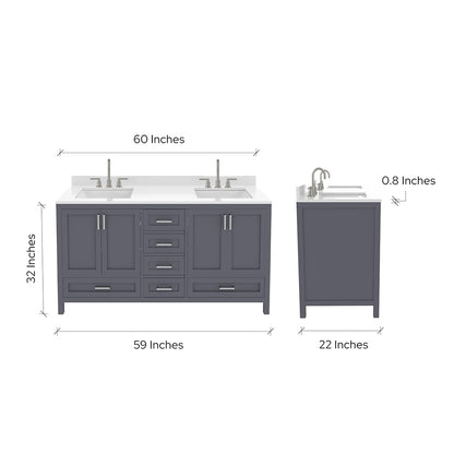 Ayna Decors Rooh 60 Inch Charcoal Grey Bathroom Vanity with Sink, Quartz Countertop, 4 Soft Closing Doors and 5 Full Extension Drawers, Brushed Nickel Hardware