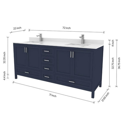 Ayna Decors Rooh 72 Inch Navy Blue Bathroom Vanity with Sink, Quartz Countertop, 4 Soft Closing Doors and 5 Full Extension Drawers, Brushed Nickel Hardware
