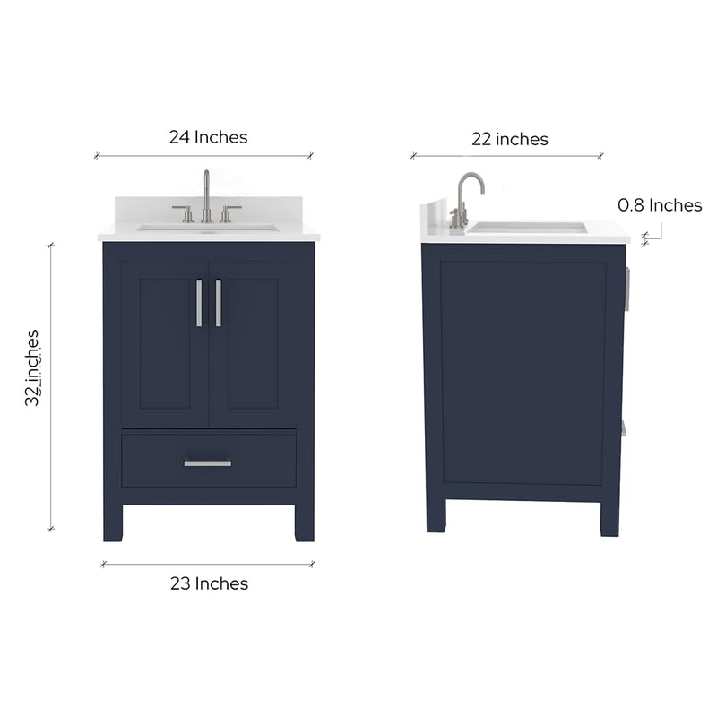 Ayna Decors Rooh 24" Solid Wood Bathroom Vanity with Sink – Navy Blue, 3 Pre-Drilled Faucet Holes, 2 Soft-Close Doors, 1 Full-Extension Drawer, Brushed Nickel Handles