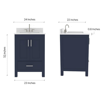 Ayna Decors Rooh 24" Solid Wood Bathroom Vanity with Sink – Navy Blue, 3 Pre-Drilled Faucet Holes, 2 Soft-Close Doors, 1 Full-Extension Drawer, Brushed Nickel Handles