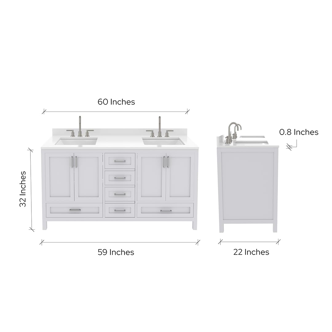 Ayna Decors Rooh 60 Inch White Bathroom Vanity with Three Faucet Holes Quartz Countertop, 4 Soft Closing Doors and 5 Full Extension Drawers, Brushed Nickel Hardware
