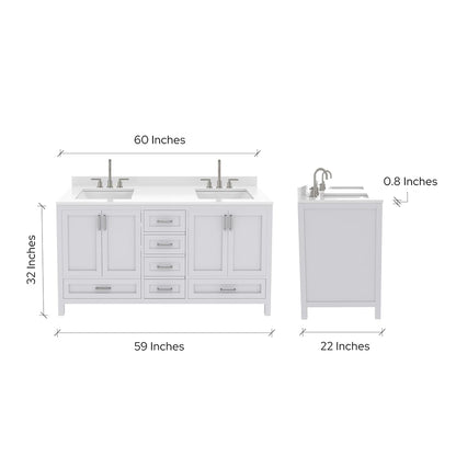 Ayna Decors Rooh 60 Inch White Bathroom Vanity with Three Faucet Holes Quartz Countertop, 4 Soft Closing Doors and 5 Full Extension Drawers, Brushed Nickel Hardware