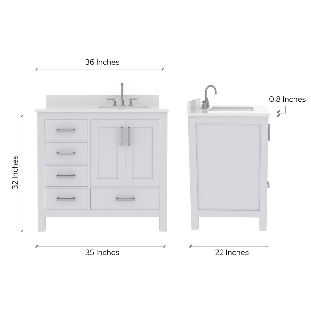 Ayna Decors Rooh 36 Inch White Bathroom Vanity with Sink, Three Faucet Holes Quartz Top, 2 Soft Closing Doors, and 4 Full Extension Drawers, Brushed Nickel Hardware