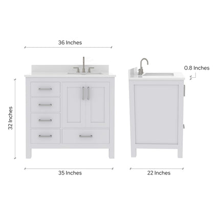 Ayna Decors Rooh 36 Inch White Bathroom Vanity with Sink, Three Faucet Holes Quartz Top, 2 Soft Closing Doors, and 4 Full Extension Drawers, Brushed Nickel Hardware