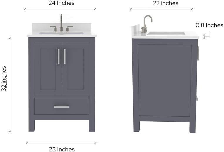 Ayna Decors Rooh 24" Solid Wood Bathroom Vanity with Sink – Charcoal Grey, 3 Pre-Drilled Faucet Holes, 2 Soft-Close Doors, 1 Full-Extension Drawer, Brushed Nickel Handles