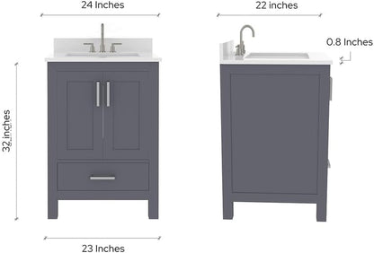 Ayna Decors Rooh 24" Solid Wood Bathroom Vanity with Sink – Charcoal Grey, 3 Pre-Drilled Faucet Holes, 2 Soft-Close Doors, 1 Full-Extension Drawer, Brushed Nickel Handles