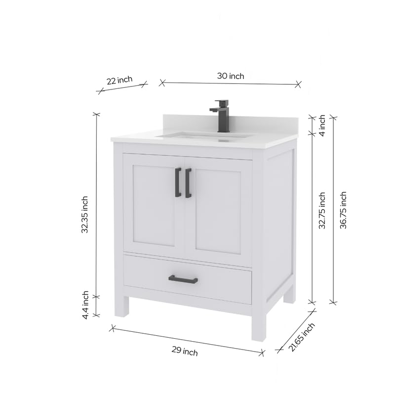 Ayna Decors Rooh 30 Inch White Bathroom Vanity with Sink, Quartz Countertop, 2 Soft Closing Doors and 1 Full Extension Drawer Brushed Nickel Hardware