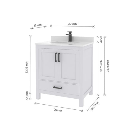 Ayna Decors Rooh 30 Inch White Bathroom Vanity with Sink, Quartz Countertop, 2 Soft Closing Doors and 1 Full Extension Drawer Brushed Nickel Hardware