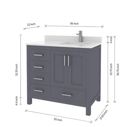 Ayna Decors Rooh 36 Inch Charcoal Grey Bathroom Vanity with Sink, Quartz Countertop, 2 Soft Closing Doors, and 4 Full Extension Drawers, Brushed Nickel Hardware