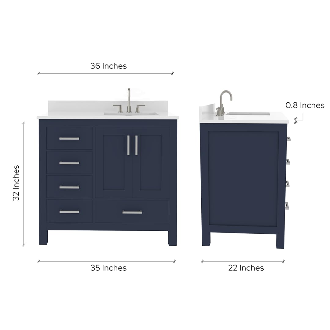 Ayna Decors Rooh 36 Inch Navy Blue Bathroom Vanity with Sink, Three Faucet Holes Quartz Top, 2 Soft Closing Doors, and 4 Full Extension Drawers, Brushed Nickel Hardware
