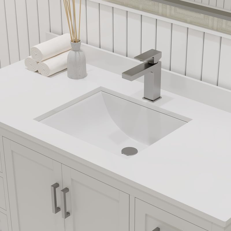 Ayna Decors Maya 48 Inch White Bathroom Vanity with Sink, Quartz Countertop, 2 Soft Closing Doors, and 7 Full Extension Drawers, Brushed Nickel Hardware