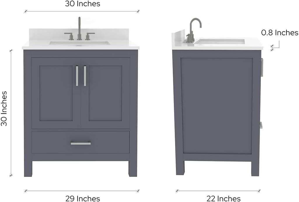Ayna Decors Rooh 30" Solid Wood Bathroom Vanity with Sink – Charcoal Grey, 3 Pre-Drilled Faucet Holes, 2 Soft-Close Doors, 1 Full-Extension Drawer, Brushed Nickel Handles