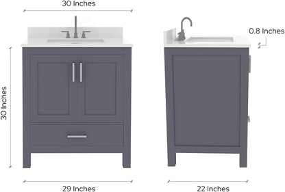 Ayna Decors Rooh 30" Solid Wood Bathroom Vanity with Sink – Charcoal Grey, 3 Pre-Drilled Faucet Holes, 2 Soft-Close Doors, 1 Full-Extension Drawer, Brushed Nickel Handles