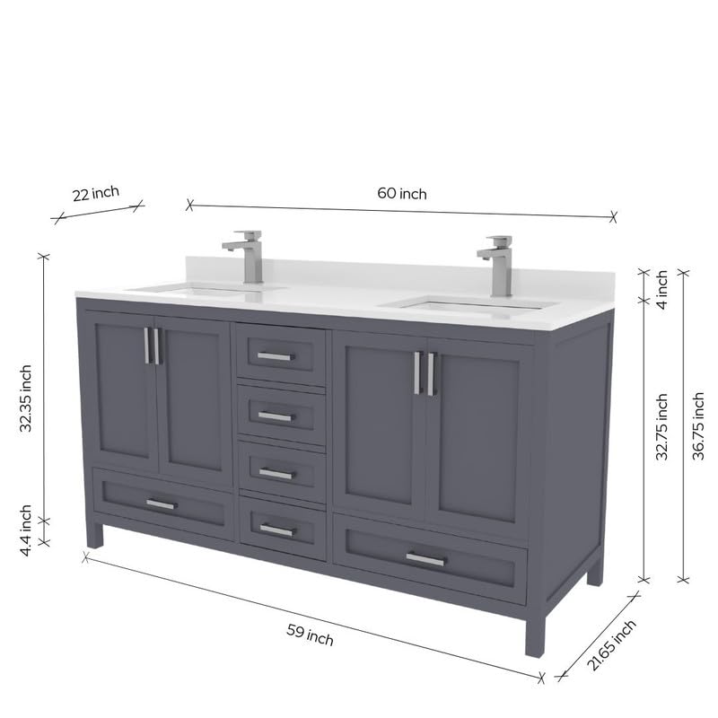 Ayna Decors Rooh 60 Inch Charcoal Grey Bathroom Vanity with Sink, Quartz Countertop, 4 Soft Closing Doors and 5 Full Extension Drawers, Brushed Nickel Hardware