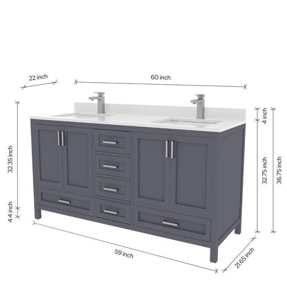 Ayna Decors Rooh 60 Inch Charcoal Grey Bathroom Vanity with Sink, Quartz Countertop, 4 Soft Closing Doors and 5 Full Extension Drawers, Brushed Nickel Hardware