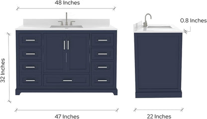 Ayna Decors Maya 48 Inch Navy Blue Bathroom Vanity with Sink and Quartz Countertop, 3 Pre-Drilled Faucet Holes, 2 Soft Closing Doors, and 7 Full Extension Drawers, Brushed Nickel Hardware