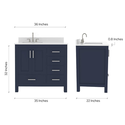 Ayna Decors Rooh 36 in. Left Navy Blue Bathroom Vanity with Sink, Three Faucet Holes Quartz Top, 2 Soft Closing Doors, and 4 Full Extension Drawers, Brushed Nickel Hardware