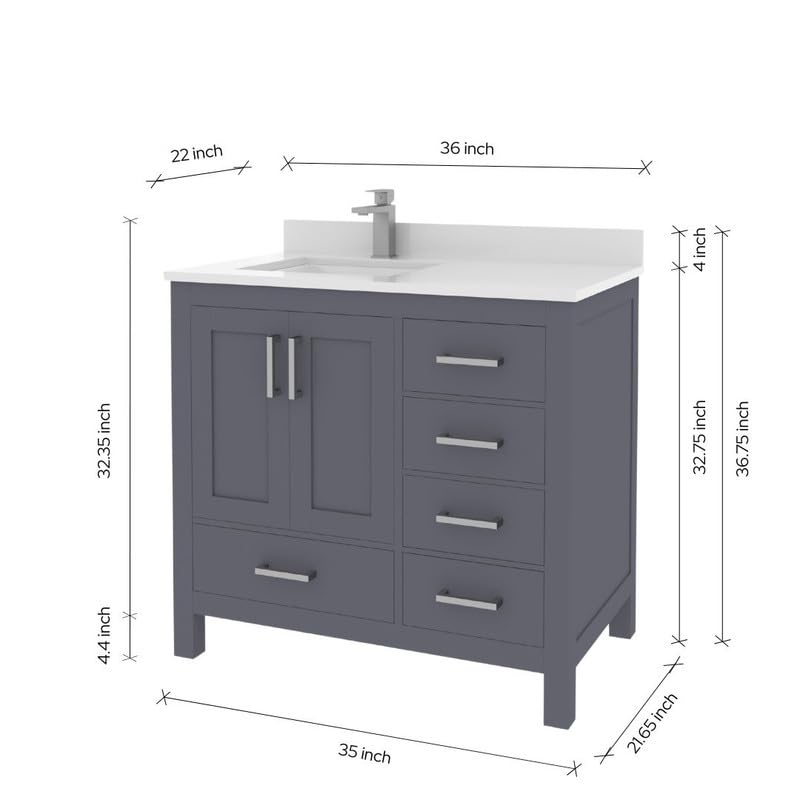 Ayna Decors Rooh 36 Inch Charcoal Grey Bathroom Vanity with Sink, Quartz Countertop, 2 Soft Closing Doors, and 4 Full Extension Drawers, Brushed Nickel Hardware