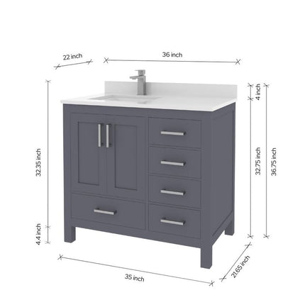 Ayna Decors Rooh 36 Inch Charcoal Grey Bathroom Vanity with Sink, Quartz Countertop, 2 Soft Closing Doors, and 4 Full Extension Drawers, Brushed Nickel Hardware