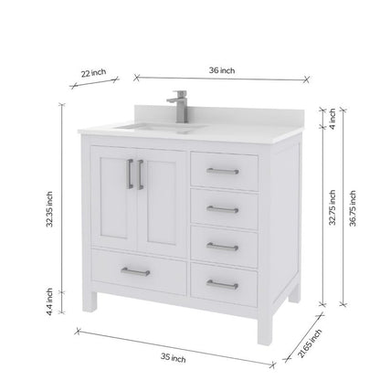 Ayna Decors Rooh 36 Inch White Bathroom Vanity with Sink, Quartz Countertop, 2 Soft Closing Doors, and 4 Full Extension Drawers, Brushed Nickel Hardware