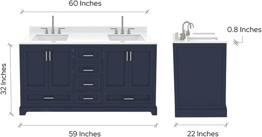 Ayna Decors Maya 60 Inch Navy Blue Bathroom Vanity with Three Faucet Holes Quartz Countertop, 4 Soft Closing Doors and 5 Full Extension Drawers, Brushed Nickel Hardware