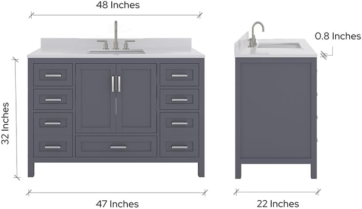 Ayna Decors Rooh 48 Inch Charcoal Grey Bathroom Vanity with Sink, Quartz Countertop, 2 Soft Closing Doors, and 7 Full Extension Drawers, Brushed Nickel Hardware