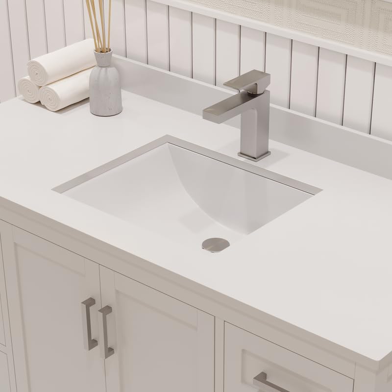 Ayna Decors Rooh 48 Inch White Bathroom Vanity with Sink, Quartz Countertop, 2 Soft Closing Doors, and 7 Full Extension Drawers, Brushed Nickel Hardware