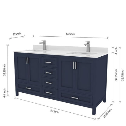 Ayna Decors Rooh 60 Inch Navy Blue Bathroom Vanity with Sink, Quartz Countertop, 4 Soft Closing Doors and 5 Full Extension Drawers, Brushed Nickel Hardware