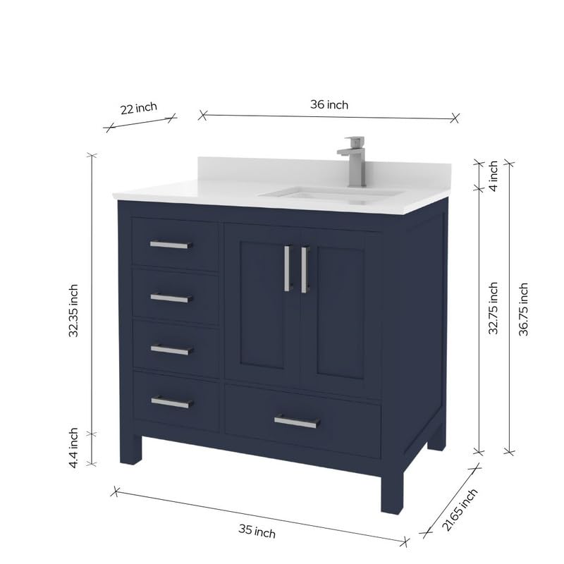 Ayna Decors Rooh 36 Inch Navy Blue Bathroom Vanity with Sink, Quartz Countertop, 2 Soft Closing Doors, and 4 Full Extension Drawers, Brushed Nickel Hardware