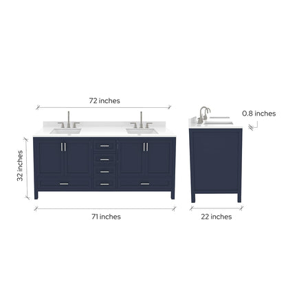 Ayna Decors Rooh 72 Inch Navy Blue Bathroom Vanity with Three Faucet Holes Quartz Countertop, 4 Soft Closing Doors and 5 Full Extension Drawers, Brushed Nickel Hardware