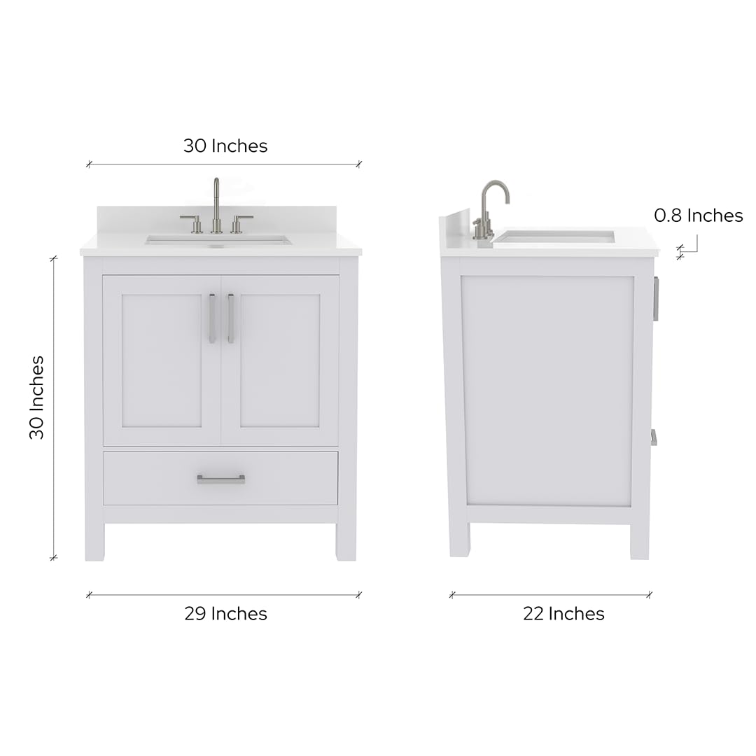 Ayna Decors Rooh 30" Solid Wood Bathroom Vanity with Sink – White, 3 Pre-Drilled Faucet Holes, 2 Soft-Close Doors, 1 Full-Extension Drawer, Brushed Nickel Handles