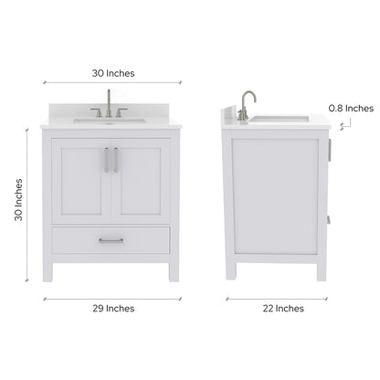 Ayna Decors Rooh 30" Solid Wood Bathroom Vanity with Sink – White, 3 Pre-Drilled Faucet Holes, 2 Soft-Close Doors, 1 Full-Extension Drawer, Brushed Nickel Handles