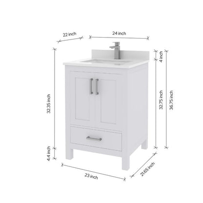 Ayna Decors Rooh 24 Inch White Bathroom Vanity with Sink, Quartz Countertop, 2 Soft Closing Doors and 1 Full Extension Drawer, Brushed Nickel Hardware
