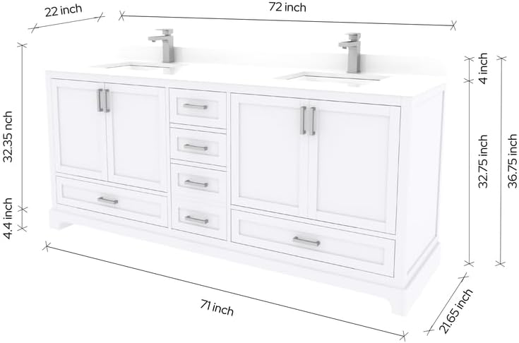 Ayna Decors Maya 72 Inch White Bathroom Vanity with Sink, Quartz Countertop, 4 Soft Closing Doors and 5 Full Extension Drawers, Brushed Nickel Hardware