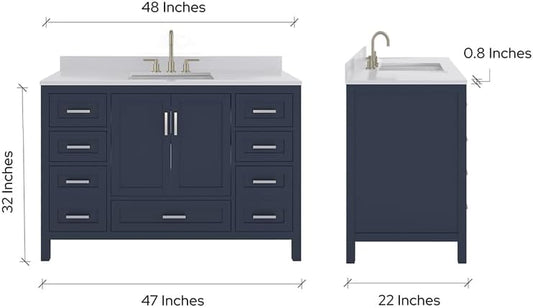 Ayna Decors Rooh 48 Inch Navy Blue Bathroom Vanity with Sink and Quartz Countertop, 3 Pre-Drilled Faucet Holes, 2 Soft Closing Doors, and 7 Full Extension Drawers, Brushed Nickel Hardware