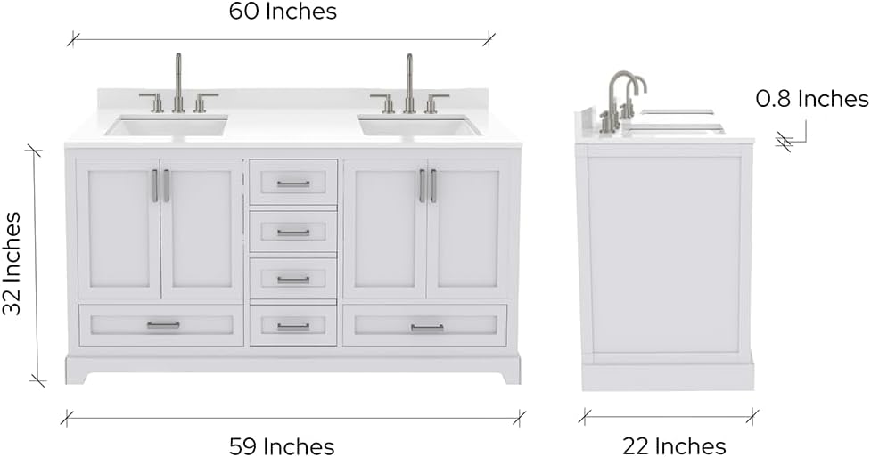 Ayna Decors Maya 60 Inch White Bathroom Vanity with Three Faucet Holes Quartz Countertop, 4 Soft Closing Doors and 5 Full Extension Drawers, Brushed Nickel Hardware