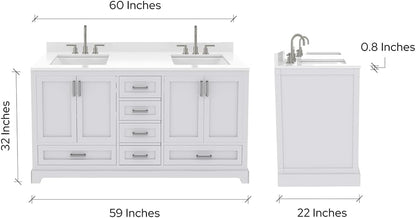 Ayna Decors Maya 60 Inch White Bathroom Vanity with Three Faucet Holes Quartz Countertop, 4 Soft Closing Doors and 5 Full Extension Drawers, Brushed Nickel Hardware