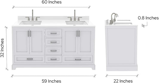 Ayna Decors Maya 60 Inch White Bathroom Vanity with Three Faucet Holes Quartz Countertop, 4 Soft Closing Doors and 5 Full Extension Drawers, Brushed Nickel Hardware
