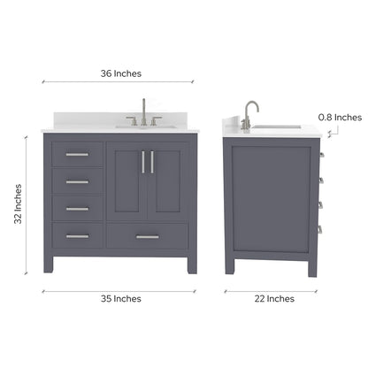 Ayna Decors Rooh 36 Inch Navy Blue Bathroom Vanity with Sink, Quartz Countertop, 2 Soft Closing Doors, and 4 Full Extension Drawers, Brushed Nickel Hardware
