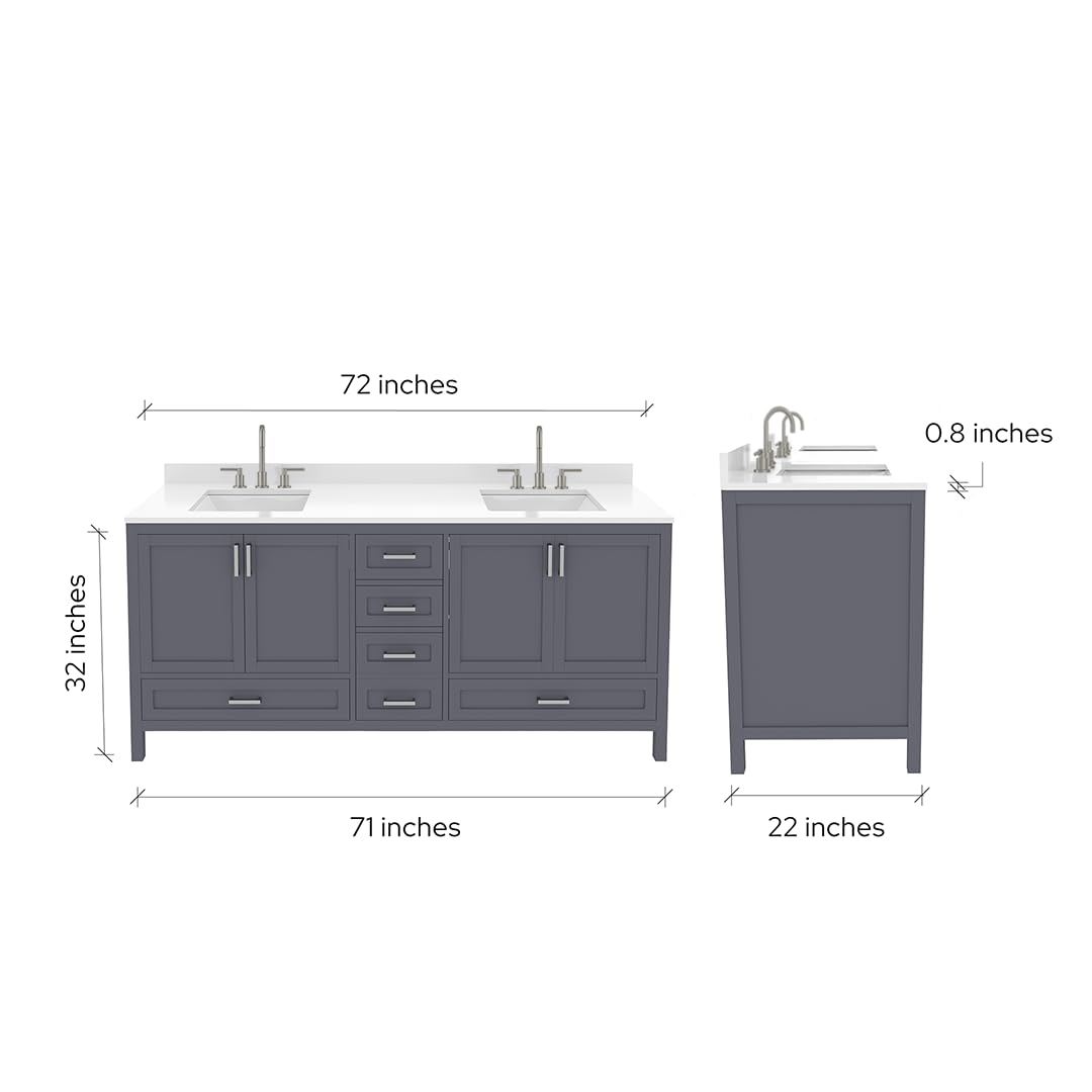 Ayna Decors Rooh 72 Inch Charcoal Grey Bathroom Vanity with Sink, Quartz Countertop, 4 Soft Closing Doors and 5 Full Extension Drawers, Brushed Nickel Hardware