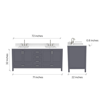 Ayna Decors Rooh 72 Inch Charcoal Grey Bathroom Vanity with Sink, Quartz Countertop, 4 Soft Closing Doors and 5 Full Extension Drawers, Brushed Nickel Hardware