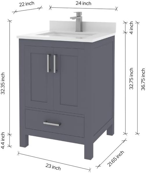 Ayna Decors Rooh 30 Inch Charcoal Grey Bathroom Vanity with Sink, Quartz Countertop, 2 Soft Closing Doors and 1 Full Extension Drawer, Brushed Nickel Hardware