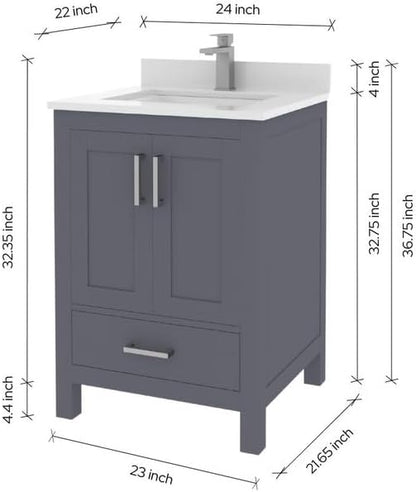 Ayna Decors Rooh 30 Inch Charcoal Grey Bathroom Vanity with Sink, Quartz Countertop, 2 Soft Closing Doors and 1 Full Extension Drawer, Brushed Nickel Hardware