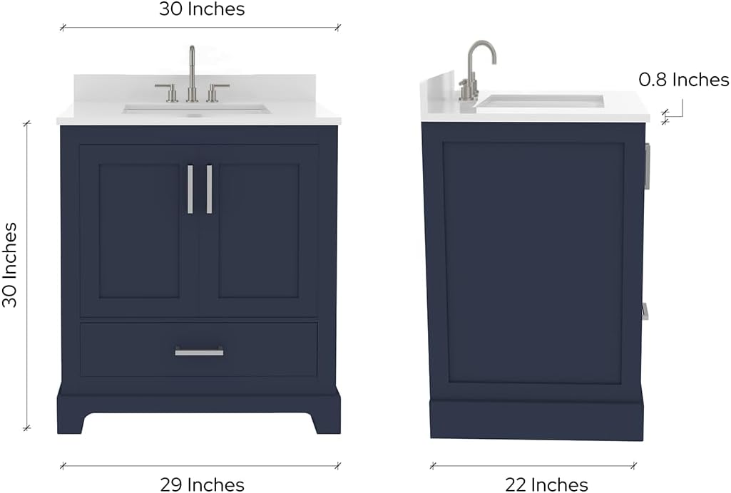 Ayna Decors Maya 30" Solid Wood Bathroom Vanity with Sink – Navy Blue, 3 Pre-Drilled Faucet Holes, 2 Soft-Close Doors, 1 Full-Extension Drawer, Brushed Nickel Handles
