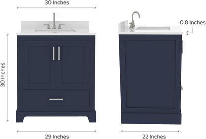 Ayna Decors Maya 30" Solid Wood Bathroom Vanity with Sink – Navy Blue, 3 Pre-Drilled Faucet Holes, 2 Soft-Close Doors, 1 Full-Extension Drawer, Brushed Nickel Handles