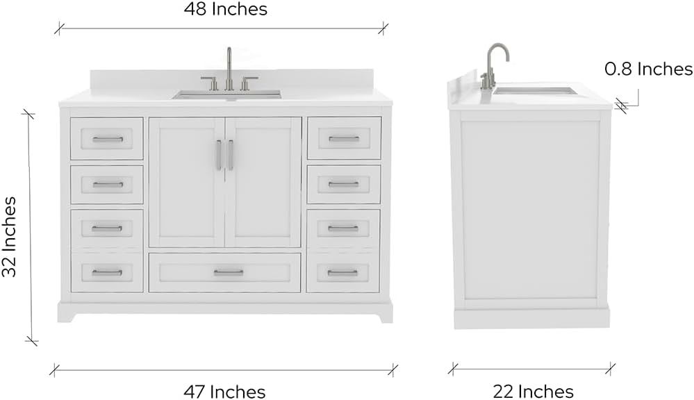 Ayna Decors Maya 48 Inch White Bathroom Vanity with Sink and Quartz Countertop, 3 Pre-Drilled Faucet Holes, 2 Soft Closing Doors, and 7 Full Extension Drawers, Brushed Nickel Hardware