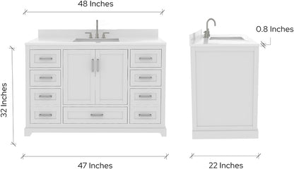 Ayna Decors Maya 48 Inch White Bathroom Vanity with Sink and Quartz Countertop, 3 Pre-Drilled Faucet Holes, 2 Soft Closing Doors, and 7 Full Extension Drawers, Brushed Nickel Hardware